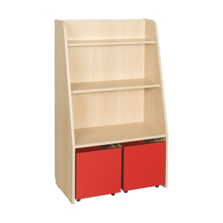 Biblioteczka z kolorowymi pojemnikami, regał przedszkolny na zabawki