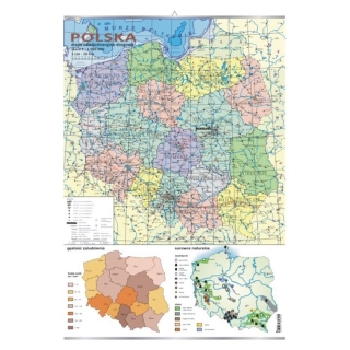 Plansza - Polska - mapa administracyjno-drogowa mapki gęstości zaludnienia i surowców