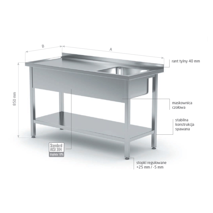 Stół ze zlewem po prawej stronie z półką