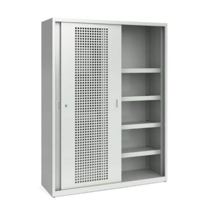 Metalowa szafa na sprzęt sportowy, perforowane drzwi przesuwne